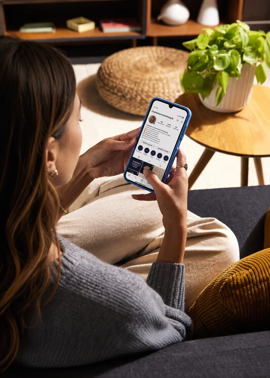 Consultante consultant un profil Instagram sur un smartphone — ambiance lumineuse