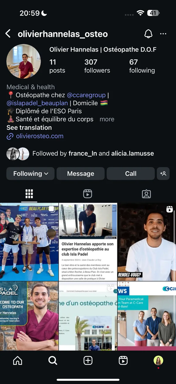 Compte Instagram Olivier Hannelas avant la mission