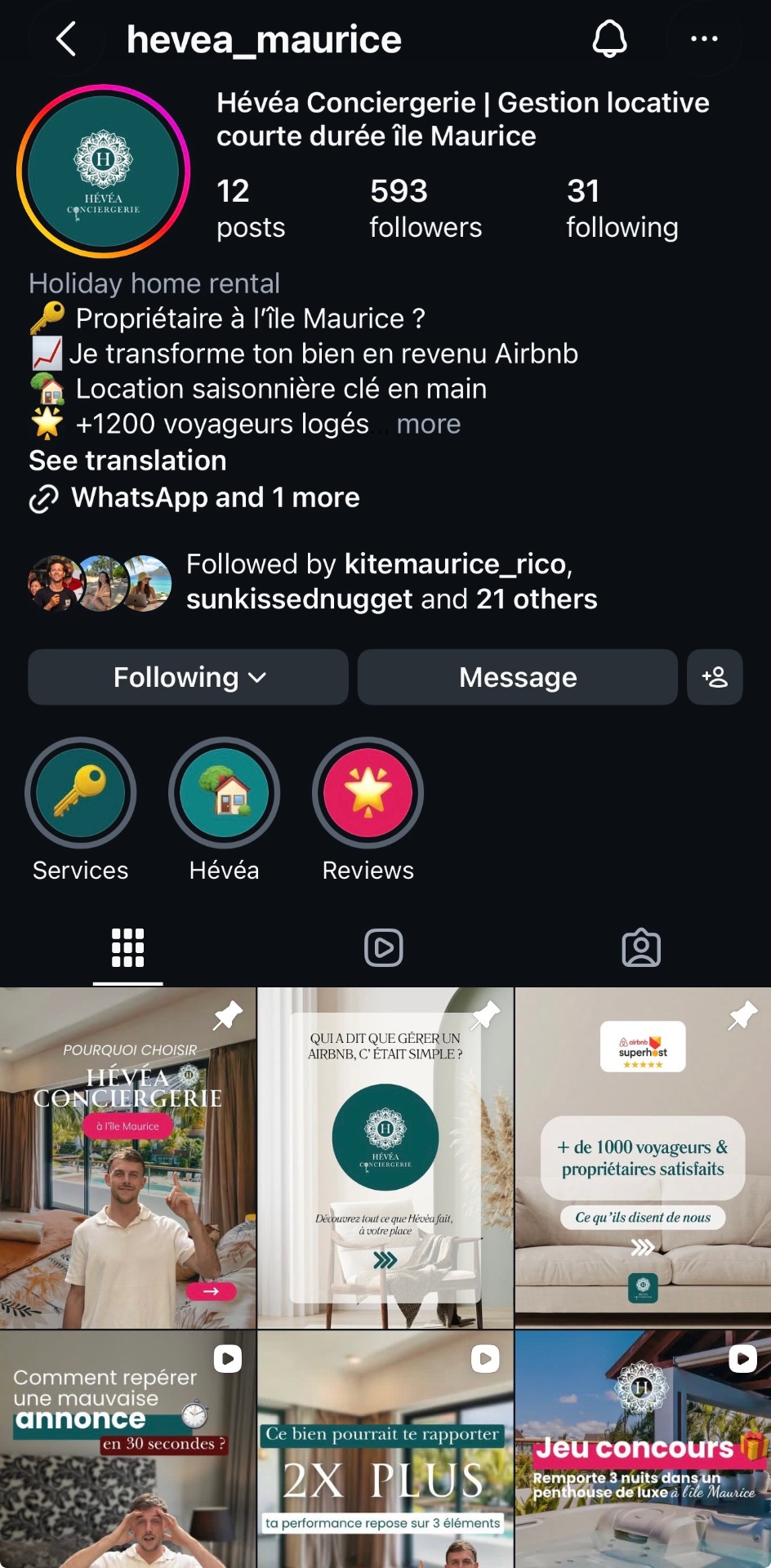 Compte Instagram Hévéa Conciergerie actuel