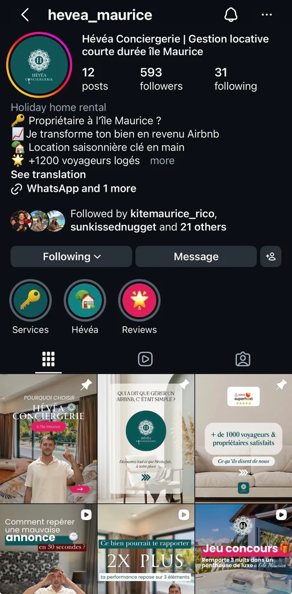 Compte Instagram Hévéa Conciergerie actuel